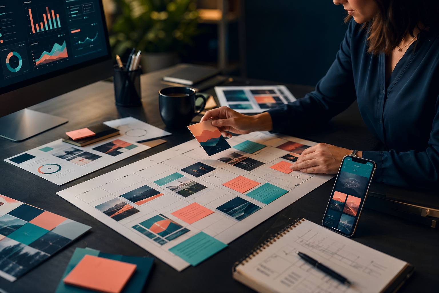Content calendar, campaign visuals, and performance charts laid out on a desk