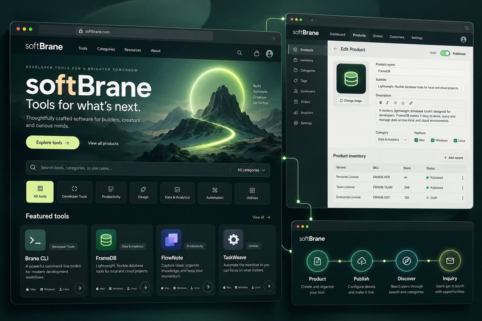 AI-generated concept of the softBrane tool collection and owner publishing dashboard